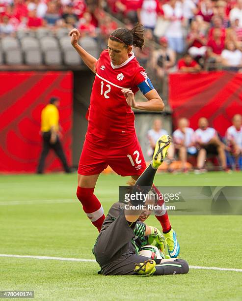 Goalkeeper Gaelle Thalmann of Switzerland makes a save before Christine Sinclair of Canada can get a foot on the ball during the FIFA Women's World...