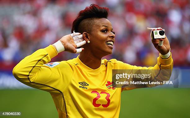 Karina LeBlanc of Canada celebrates her teams win over Switzerland after the FIFA Women's World Cup 2015 Round of 16 match between Canada and...