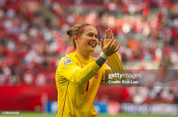 Goalkeeper Erin McLeod of Canada salutes the crowd after defeating Switzerland 1-0 during the FIFA Women's World Cup Canada 2015 Round of 16 match...