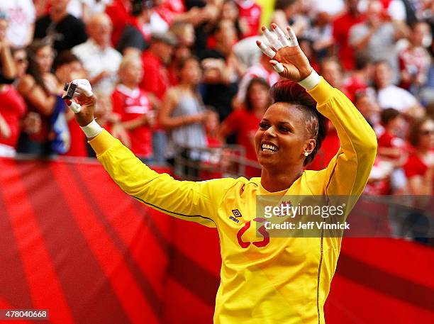 Karina LeBlanc of Canada waves to the fans after Canada's win at the FIFA Women's World Cup Canada 2015 Round 16 match between Switzerland and Canada...