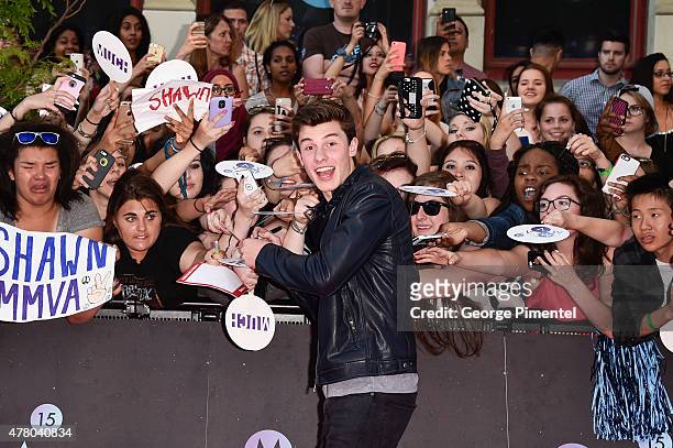 Shawn Mendes arrives at the 2015 MuchMusic Video Awards at MuchMusic HQ on June 21, 2015 in Toronto, Canada.