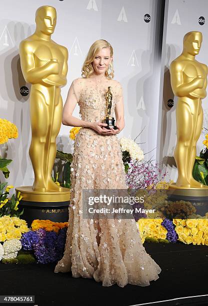 Actress Cate Blanchett winner of Best Performance by an Actress in a Leading Role poses in the press room during the 86th Annual Academy Awards at...