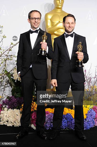 Filmmakers Laurent Witz and Alexandre Espigares pose in the press room during the 86th Annual Academy Awards at Loews Hollywood Hotel on March 2,...