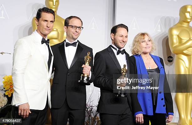 Actor Matthew McConaughey, filmmaker Laurent Witz, filmmaker Alexandre Espigares and actress Kim Novak in the press room during the 86th Annual...