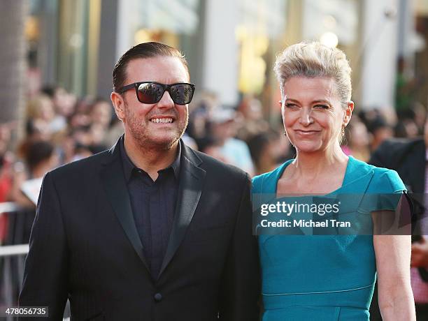Ricky Gervais and Jane Fallon arrive at the Los Angeles premiere of "Muppets Most Wanted" held at the El Capitan Theatre on March 11, 2014 in...