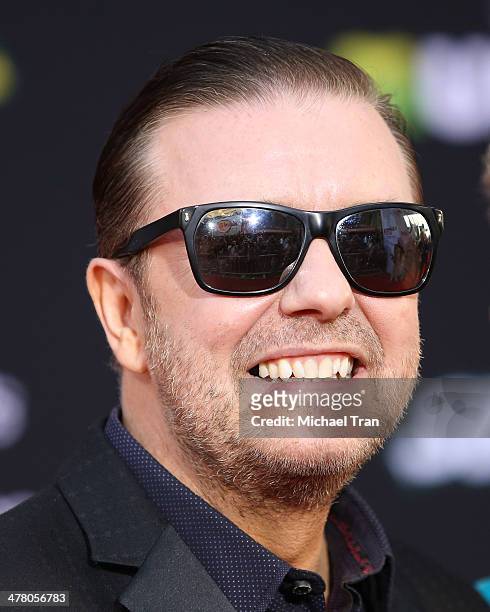 Ricky Gervais arrives at the Los Angeles premiere of "Muppets Most Wanted" held at the El Capitan Theatre on March 11, 2014 in Hollywood, California.