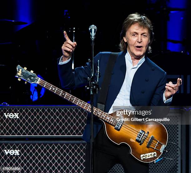 Singer-songwriter Sir Paul McCartney performs during U.S. 'Out There' tour at Wells Fargo Center on June 21, 2015 in Philadelphia, Pennsylvania.