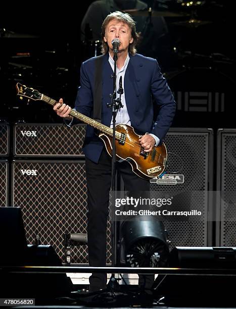 Singer-songwriter Sir Paul McCartney performs during U.S. 'Out There' tour at Wells Fargo Center on June 21, 2015 in Philadelphia, Pennsylvania.