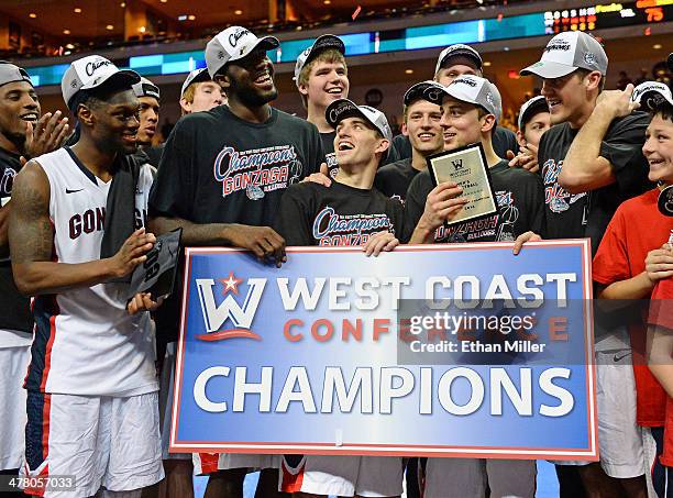 Members of the Gonzaga Bulldogs Gary Bell Jr. #5, Sam Dower, David Stockton, Kevin Pangos and Drew Barham celebrate after winning the championship...