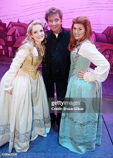 Kate Reinders, Barry Manilow and Heidi Blickenstaff pose backstage at the hit musical "Something Rotten!" on Broadway at The St. James Theater June...