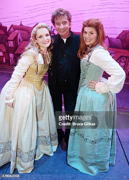 Kate Reinders, Barry Manilow and Heidi Blickenstaff pose backstage at the hit musical "Something Rotten!" on Broadway at The St. James Theater June...