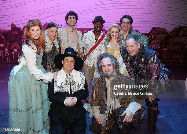 Taye Diggs poses with the cast backstage at the hit musical "Something Rotten!" on Broadway at The St. James Theater June 21, 2015 in New York City.