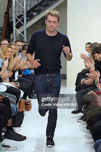 Designer JW Anderson walks the runway during the JW Anderson Ready to Wear Spring Summer 2016 fashion show during London Menswear Fashion Week on...