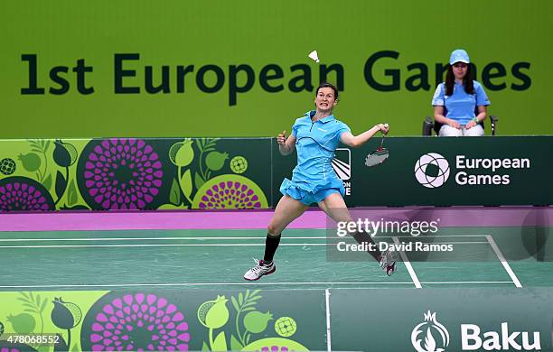 Linda Zetchiri of Bulgaria competes in the Women's Singles Badminton Group A match against Marija Ulitina of Ukraine on day ten of the Baku 2015...