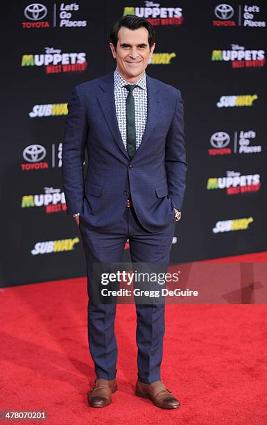 Actor Ty Burrell arrives at the Los Angeles premiere of "Muppets Most Wanted" at the El Capitan Theatre on March 11, 2014 in Hollywood, California.