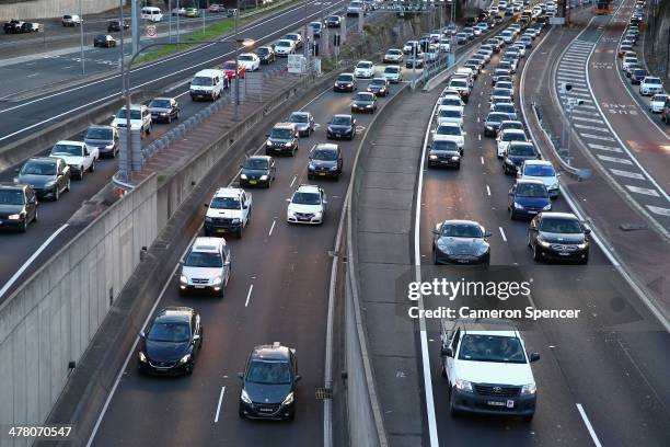 Southbound traffic is gridlocked due to the closure of the Western Distributor because of a fire at Baranagroo on March 12, 2014 in Sydney,...