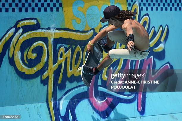 The French skater Remy Wacker takes part in qualifying rounds of the French stage of the World Cup Skateboarding ISU during the Sosh Freestyle Cup,...