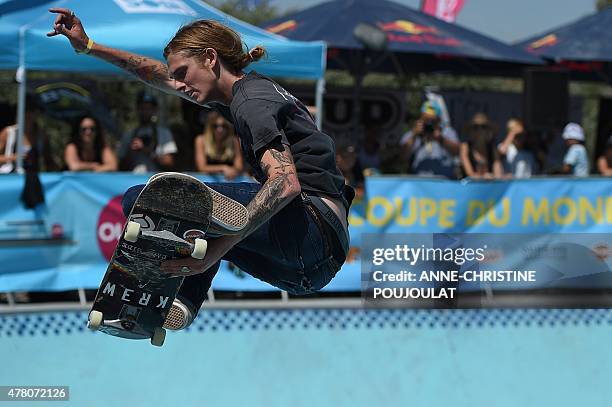 Skater Chris Gregson takes part in qualifying rounds of the French stage of the World Cup Skateboarding ISU during the Sosh Freestyle Cup, June 19,...