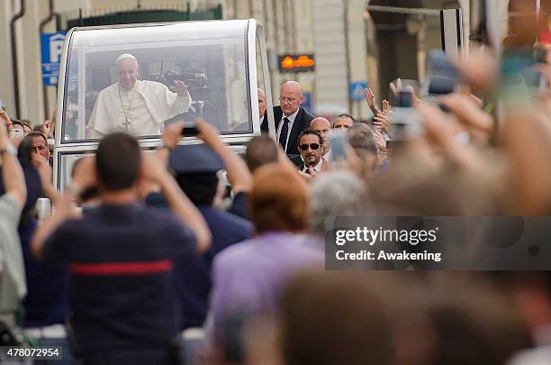 Pope Francis arrives in Turin for a pastoral visit on June 21, 2015 in Turin, Italy. Pope Frances will visit the Holy Shroud and meet workers in...