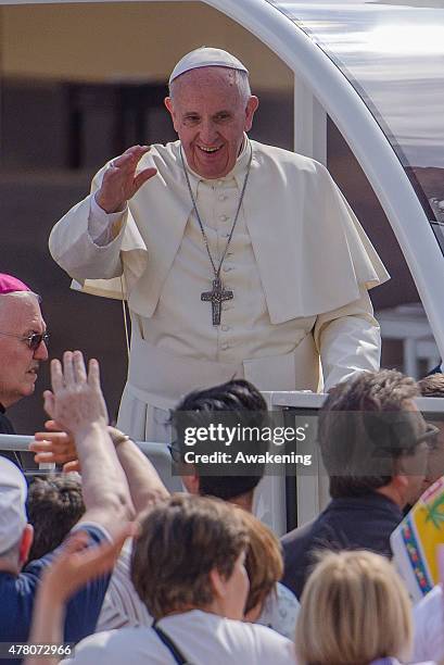 Pope Francis arrives in Turin for a pastoral visit on June 21, 2015 in Turin, Italy. Pope Frances will visit the Holy Shroud and meet workers in...