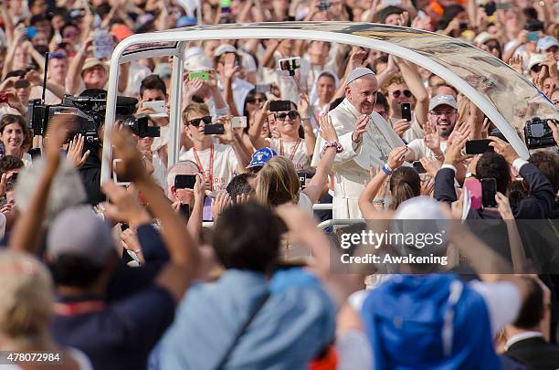 Pope Francis arrives in Turin for a pastoral visit on June 21, 2015 in Turin, Italy. Pope Frances will visit the Holy Shroud and meet workers in...