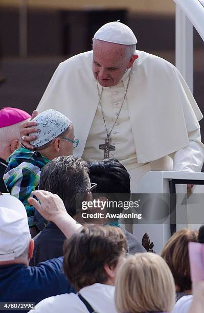 Pope Francis arrives in Turin for a pastoral visit on June 21, 2015 in Turin, Italy. Pope Frances will visit the Holy Shroud and meet workers in...