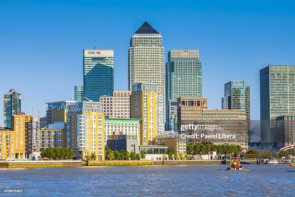 Canary Wharf and London Docklands skyscrapers.