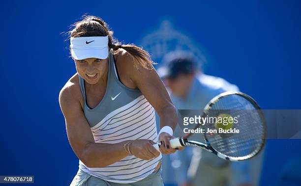 Ana Konjuh of Croatia in returns a shot during her match against Casey Dellacqua of Australia on day four of the WTA Aegon Open Nottingham at...