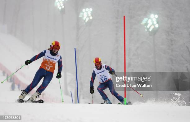 Millie Knight of Great Britain and guide Rachael Ferrier competes in the Women's Slalom 1st Run - Visually Impairedduring day five of Sochi 2014...