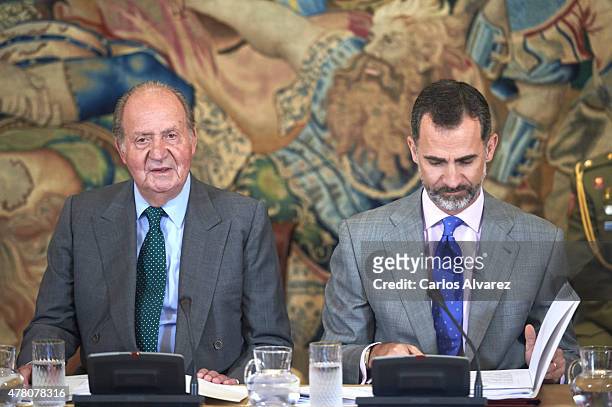 King Felipe VI of Spain and King Juan Carlos receive COTEC Foundation members at the Zarzuela Palace on June 22, 2015 in Madrid, Spain.