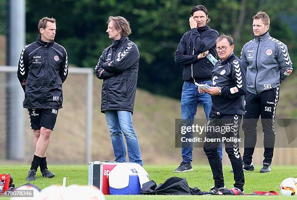 Former coach of Wolfsburg II, Thomas Brdaric is seen during a St. Pauli training session on June 22, 2015 in Hamburg, Germany.