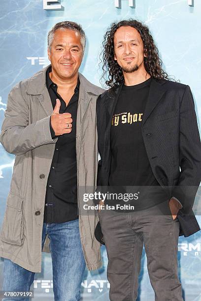 Charles Rettinghaus and Christoph Schneider attend the European Premiere of 'Terminator: Genisys' at the CineStar Sony Center on June 21, 2015 in...