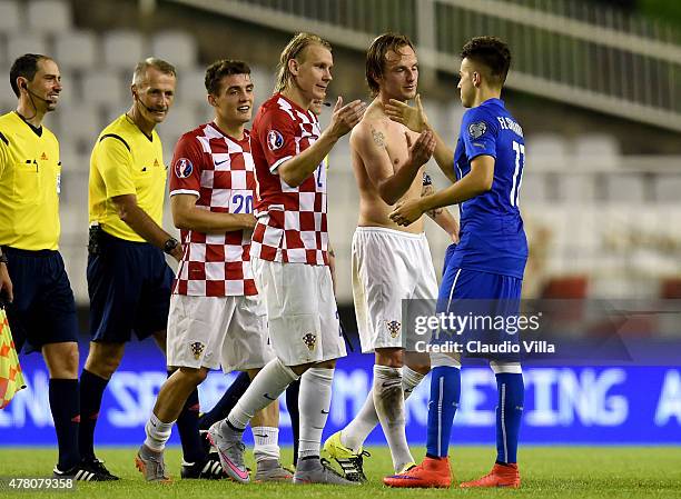 Stephan El Shaarawy of Italy and Ivan Rakitic of Croatia at the end of the UEFA Euro 2016 Qualifier between Croatia and Italy on June 12, 2015 in...