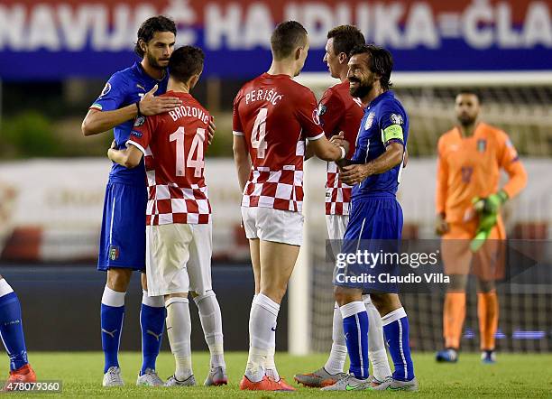 Andrea Ranocchia of Italy and Marcelo Brozovic at the end of the UEFA Euro 2016 Qualifier between Croatia and Italy on June 12, 2015 in Split,...