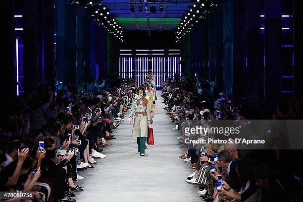 Modelsl walk the runway during the GUCCI fashion show as part of Milan Men's Fashion Week Spring/Summer 2016 on June 22, 2015 in Milan, Italy.