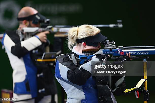 Stine Nielsen of Denmark competes in the Mixed Team 10m Air Rifle Final during day ten of the Baku 2015 European Games at the Baku Shooting Centre on...