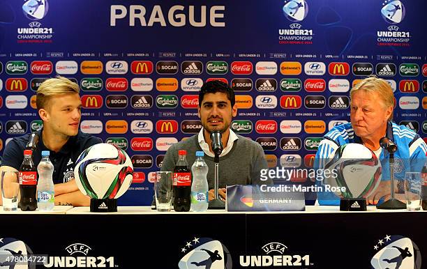 Horst Hrubesch , head coach of Germany and Johannes Geis attend a UEFA press conference ahead of the UEFA European Under-21 Group A match against...