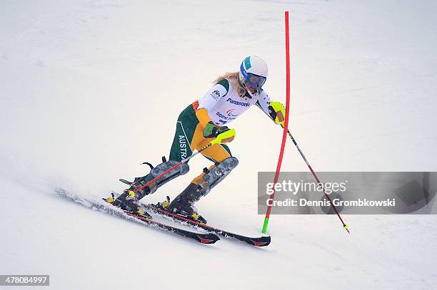 Jessica Gallagher of Australia competes in the Women's Slalom 1st Run - Visually Impaired during day five of Sochi 2014 Paralympic Winter Games at...