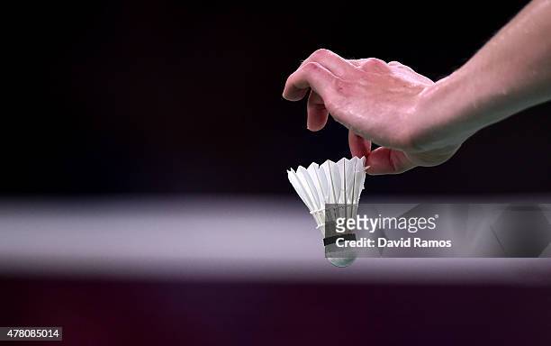 View of a shuttle cock as a competitor prepares to serve during the Badminton matches on day ten of the Baku 2015 European Games at the Baku Sports...