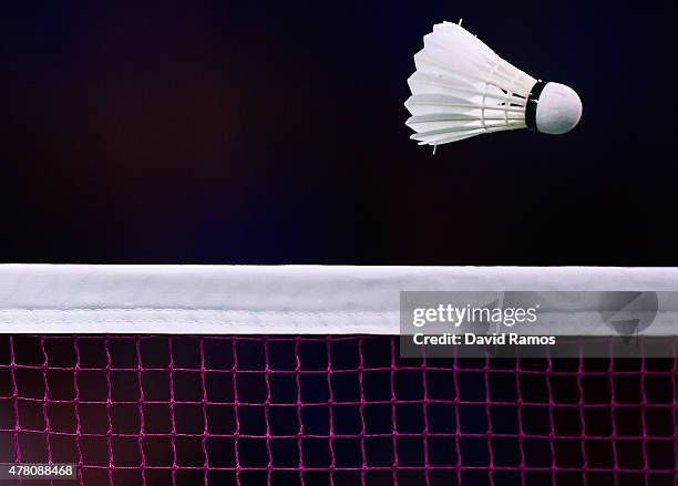View of the shuttle cock passing over the net during the Men's Badminton Singles matches on day ten of the Baku 2015 European Games at the Baku...