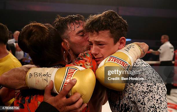 Lee Haskins of Great Britain celebrates after defeating Ryosuke Iwasa of Japan in their Interim IBF World Bantamweight Title Fight at Action Indoor...