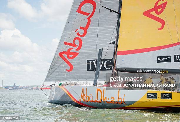 Abu Dhabi Ocean Racing team skippered by British Ian Walker arrives in Gothenburg at the end of Leg 9 of the Volvo Ocean Race from Lorient to...