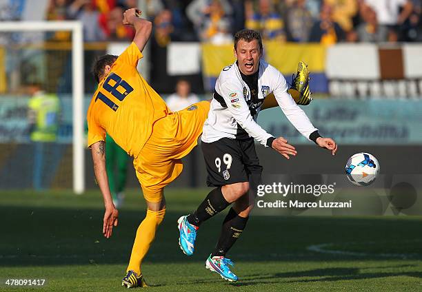 Antonio Cassano of Parma FC competes for the ball with Vangelis Moras of Hellas Verona FC during the Serie A match between Parma FC and Hellas Verona...