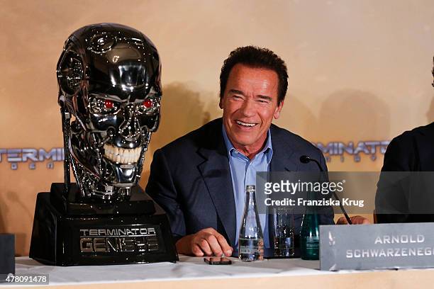 Arnold Schwarzenegger attends the international press conference of 'Terminator Genisys' on June 22 2015 in Berlin, Germany.