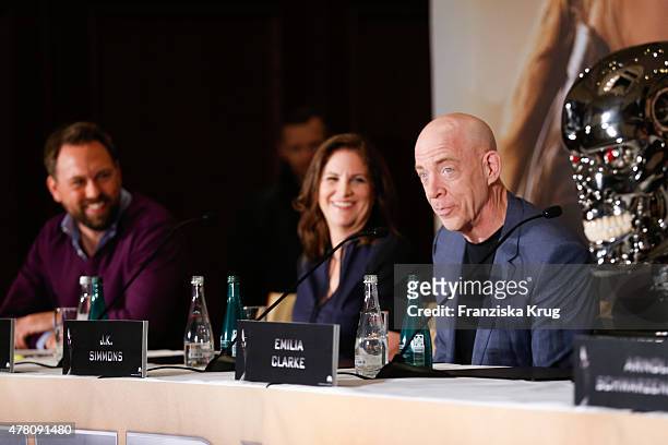 Steven Gaetjen, Dana Goldberg and J.K. Simmons attend the international press conference of 'Terminator Genisys' on June 22 2015 in Berlin, Germany.