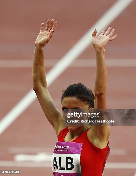 Luiza Gega of Albania celebrates as she wins the Women's 1500 metres during day ten of the Baku 2015 European Games at the Olympic Stadium on June...