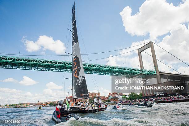Team Alvimedica skippered by Charlie Enright of the US arrives in Gothenburg to win Leg 9 of the Volvo Ocean Race from Lorient to Gothenburg in west...