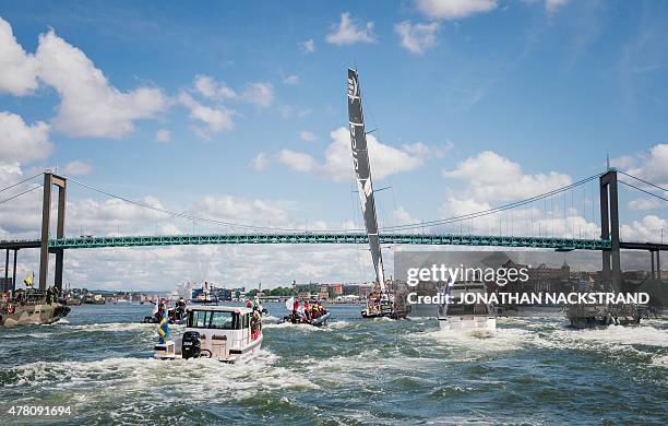 Team Alvimedica skippered by Charlie Enright of the US arrives in Gothenburg to win Leg 9 of the Volvo Ocean Race from Lorient to Gothenburg in west...