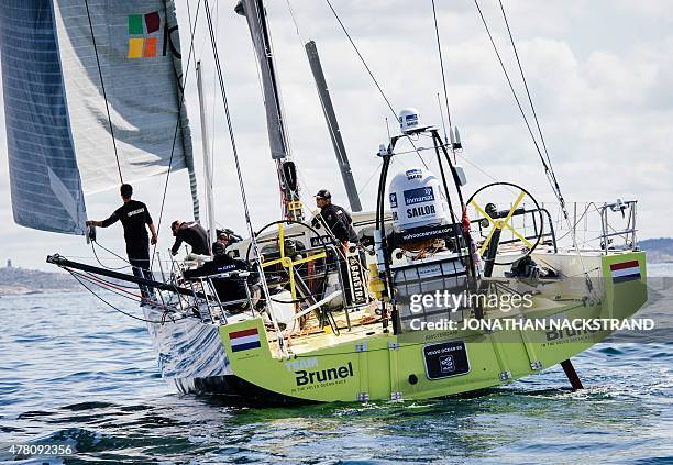 Team Brunel skippered by Bouwe Bekking of the Netherlands arrives in Gothenburg at the end of Leg 9 of the Volvo Ocean Race from Lorient to...