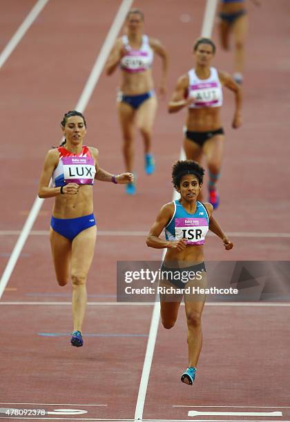 Maor Tiyouri of Israel crosses the finish line in second ahead of Martine Nobili of Luxembourg in the Women's 1500 metres during day ten of the Baku...